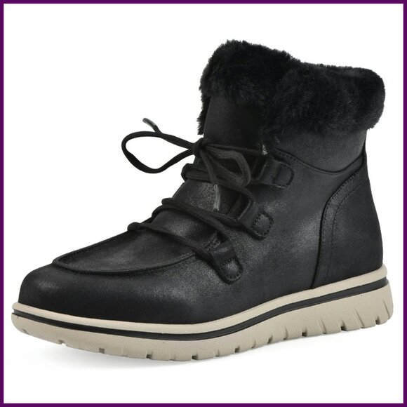 Women's Lace-Up Ankle Booties with Faux Fur Lining, Cushioned Sole, Size - Picture 1 of 8